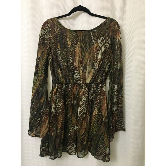 Agaci Womens Tunic Top Mini Dress Medium Bell Slv Chiffon Lined Green Brown D4 - Picture 6 of 8